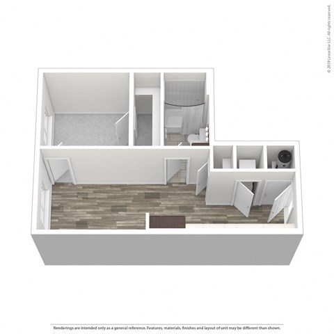 A 3D rendered image of a house layout.